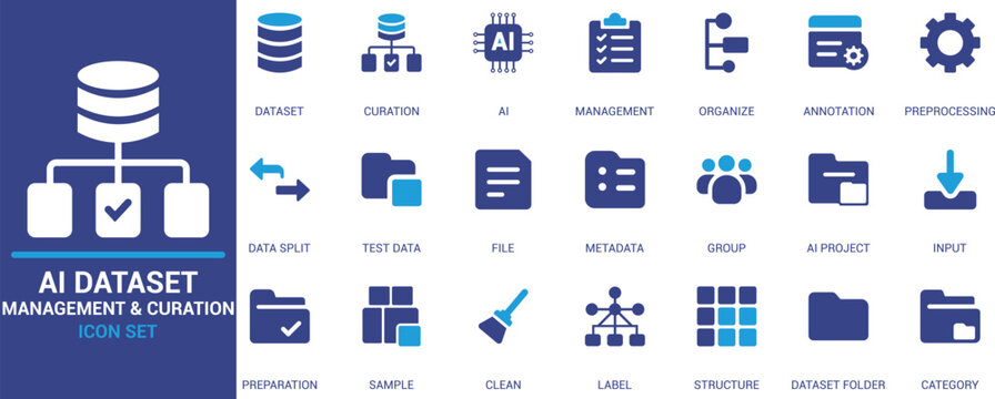 Flat style icon set focused on AI dataset management and curation, featuring symbols for data labeling, preprocessing, annotation, metadata, input, and structure.
