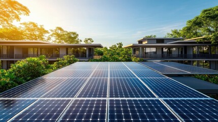 Solar Panels Installed on Modern Buildings Surrounded by Nature