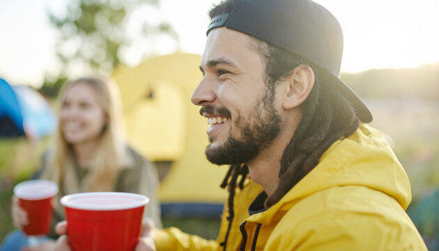 A man with dreadlocks is sitting next to a woman with a yellow tent. They are both smiling and holding cups