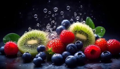 A kiwi and a strawberry are on a plate. The kiwi is cut in half