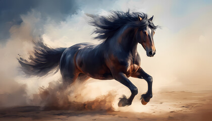 A brown horse is running through the sand