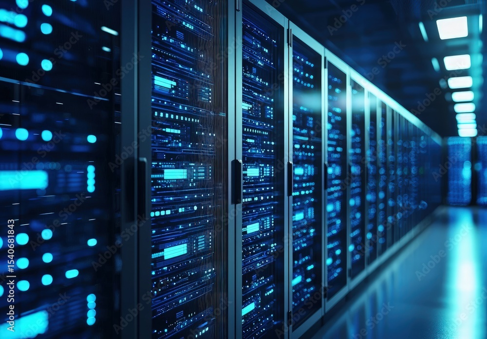 Poster blue-lit data center hallway with glowing network servers, ideal for illustrating cloud technology, 