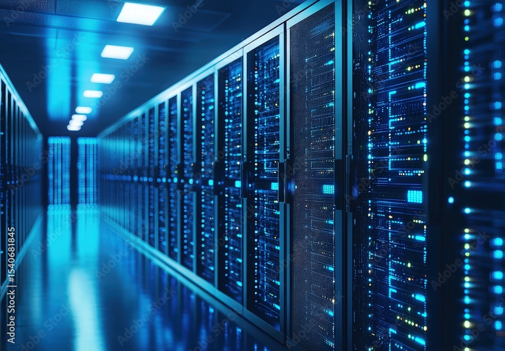 Poster Futuristic corridor in a data center lined with illuminated servers, ideal for visuals on cloud computing, cybersecurity, IT infrastructure, and digital data systems