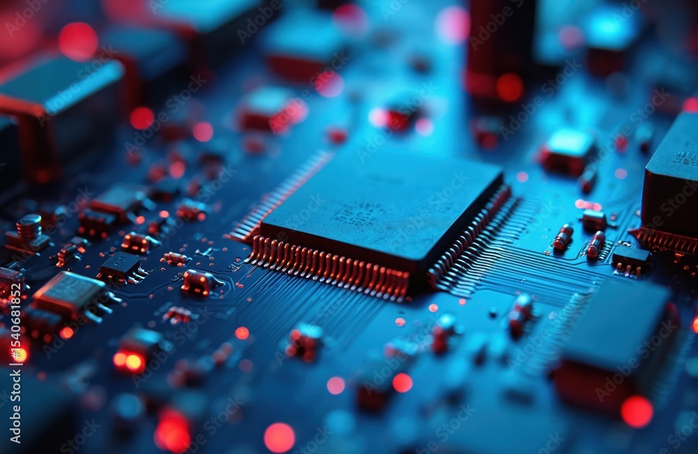Poster close-up of electronic circuit board. integrated circuits, microchips, processors, electrical compon