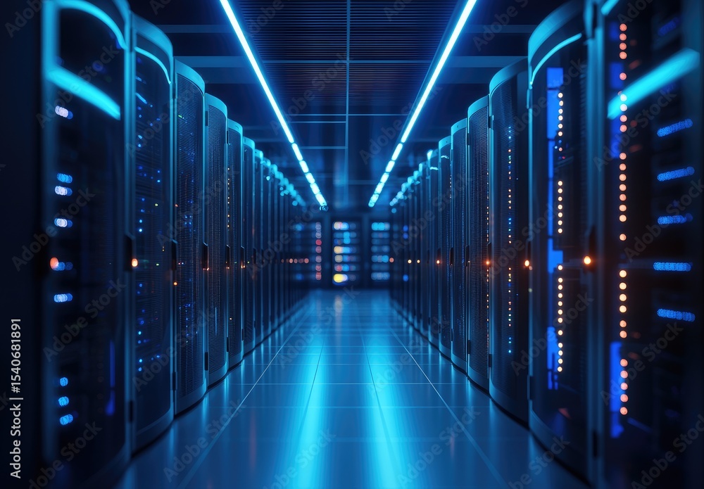 Poster symmetrical server racks in a glowing data center corridor with vibrant lighting, ideal for cloud se