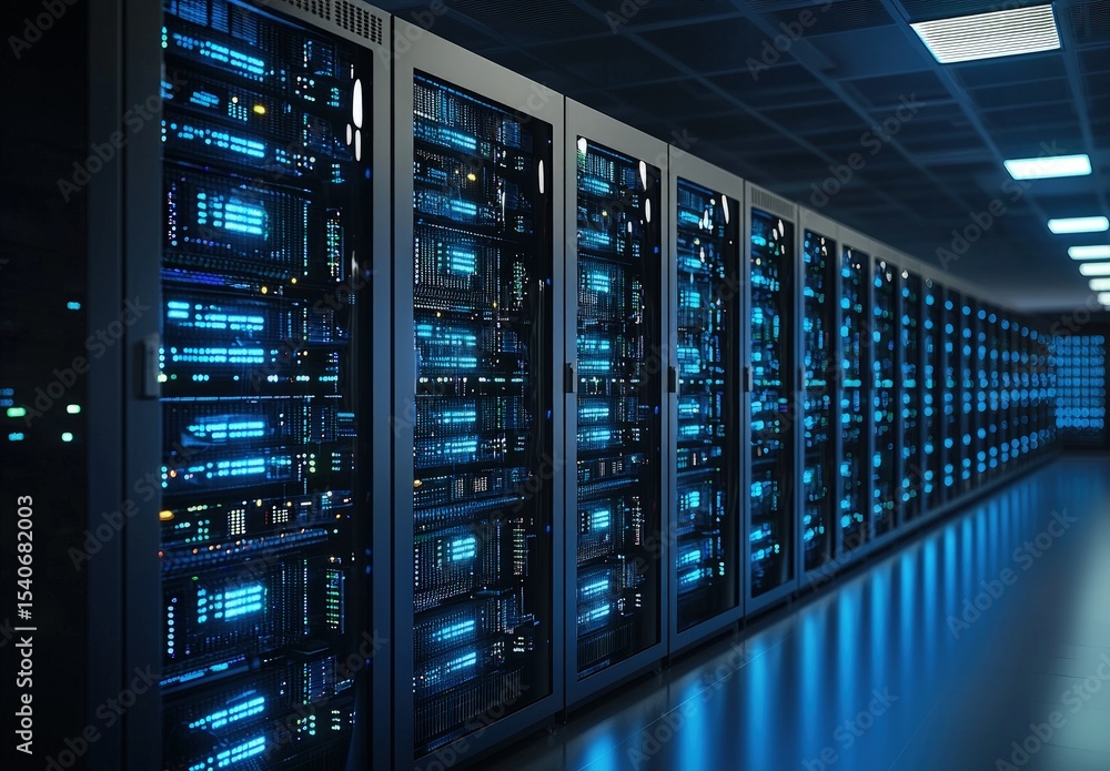 Poster Long hallway of high-tech servers in a data center with blue lighting and advanced infrastructure, ideal for cloud computing, cybersecurity, and IT industry visuals