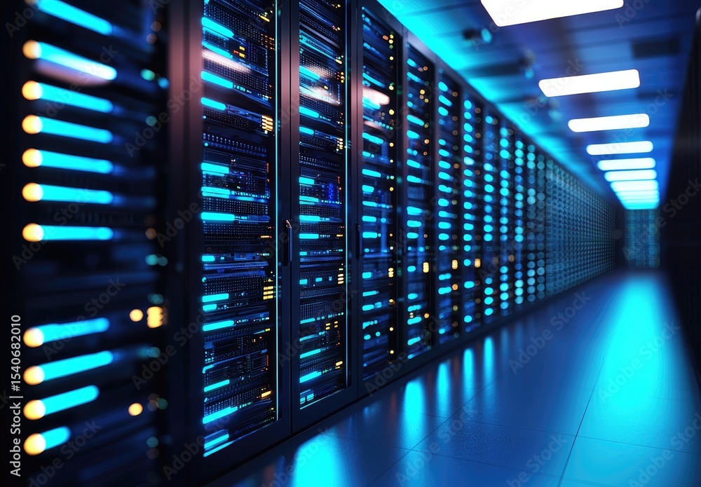 Poster high-tech data center with glowing blue and yellow server lights in a futuristic corridor, perfect f