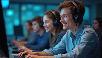 Group young people in headphones coding, smiling. Students learn programming in computer class. Attractive people work on computer, study IT, tech. Smiling faces show happy learning process, teamwork.