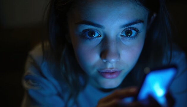 Woman looking at smartphone in the dark. Blue light from screen causes eye strain. Tech addiction, mobile phone usage, digital wellbeing, health tech, social media, modern lifestyle issues.