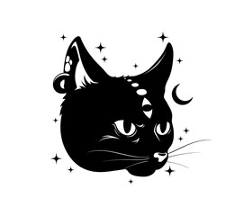 Vector illustration of a mystical black cat face with a third eye on its forehead, a crescent moon, stars, and an earring. The design blends spiritual and magical symbolism, ideal for witchcraft theme
