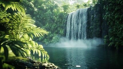 Serene Waterfall Cascading Into Tranquil Jungle Pool Scene
