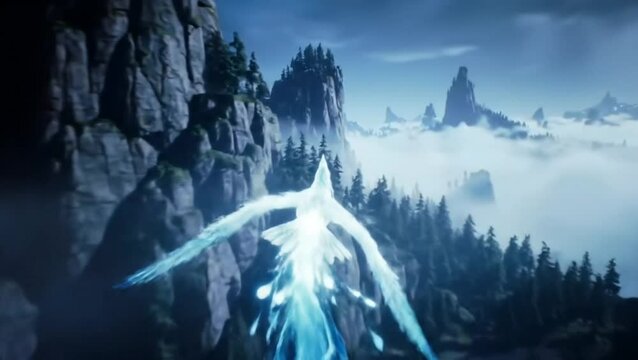 Mystical ice phoenix soaring above foggy fantasy mountains
