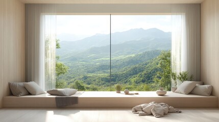 Serene Living Space with Mountain View and Natural Light