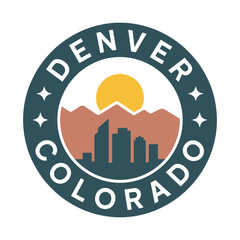  Denver Colorado City Landmark Stamp, Mountain Skyline, vector illustration