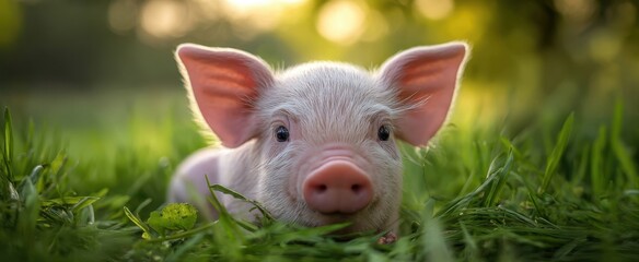 The adorable piglet resting peacefully in lush green grass under sunlight.