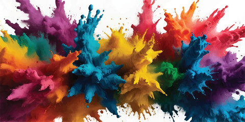Bright colorful watercolor splash splatter stain brush strokes on white background. Brilliant and Energetic Holi Paint Powder Explosion, Sending a Wave  Vector watercolor illustration isolated design