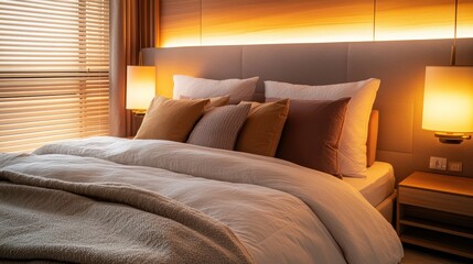 Cozy Modern Bedroom with Soft Lighting and Neutral Tones