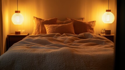 Cozy and Inviting Bedroom with Soft Textiles and Warm Lighting