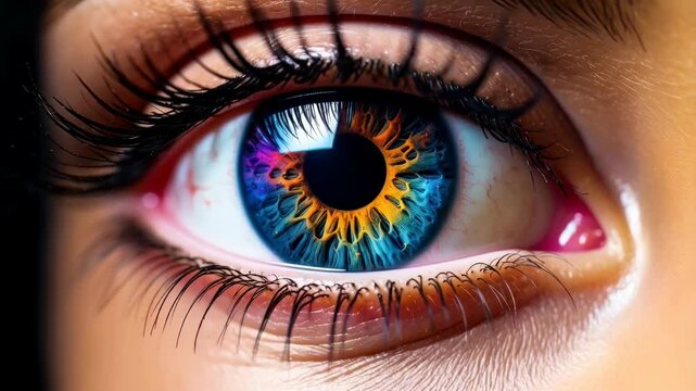 Extreme close-up of an abstract artistic eye with long lashes and vibrant colorful iris depicting a spectrum of blue, orange, and yellow.