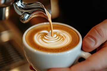 Freshly Brewed Coffee with Latte Art in a White Cup on Counter