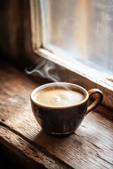 Morning Coffee Cup with Steam on Rustic Wooden Window Sill