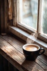 Warm Coffee Cup with Steam on Wooden Window Ledge in Cozy Setting