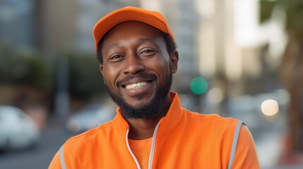 Smiling delivery professional in orange, exuding warmth and approachability, embodying reliable service with a personal touch.