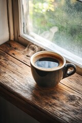 Steaming Coffee Cup on Wooden Windowsill in Bright Morning Light