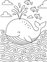 Cute Whale and Fish Coloring Page with Ocean Waves and Clouds