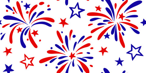 Vector seamless pattern of fireworks and stars for American Independence Day.