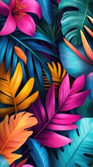 Flowers and foliage background. Tropical leaves and colorful flowers on dark foliage nature background.