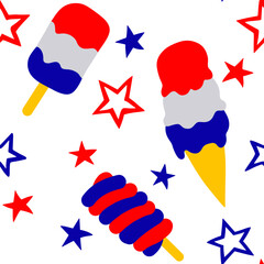 Vector seamless pattern for American Independence Day. Ice cream and stars, fireworks.