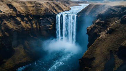 Majestic waterfall cascading down rocky cliffs.