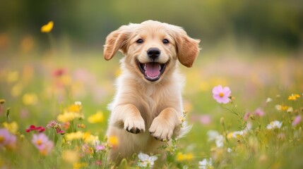 Happy Golden Retriever Puppy Playing in a Bright Flower Field