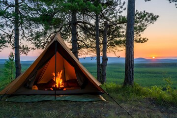 Summer adventure awaits with a green tent pitched at a forest campsite, perfect for hiking and enjoying the mountain landscape.