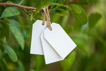 Blank cardboard price tags hanging on a tree branch, perfect for sale messages or gift. Fresh green mint leaves are scattered above, creating a fresh and eco-friendly atmosphere. 