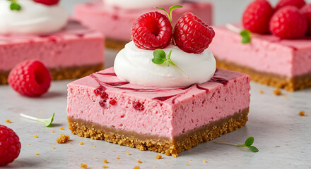 Raspberry cheesecake bar with graham crust and fruit swirl, topped with whipped cream and microgreens.