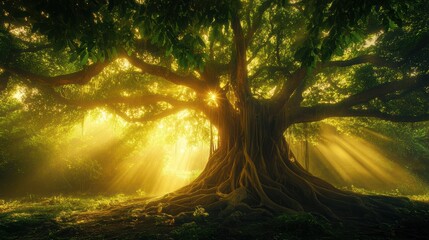 Majestic Tree Bathed in Golden Light with Lush Green Leaves