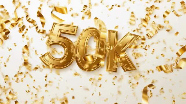Golden 50k celebration with dynamic confetti explosion on white background
