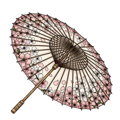 Illustration of a traditional Japanese umbrella decorated with pink and white cherry blossoms.