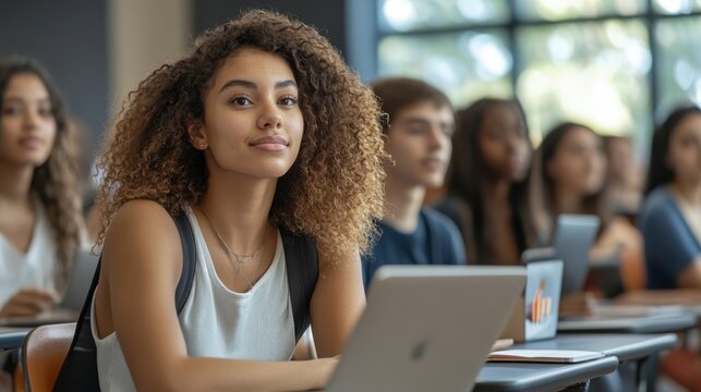 Focused Student in Classroom Setting Engaged with Technology