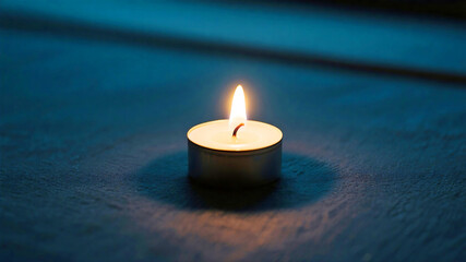 A single candle flame glows warmly in the twilight, casting a soft light on a dark surface