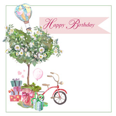 illustration Happy Birthday with bicycle, baloons, gifts, on white background