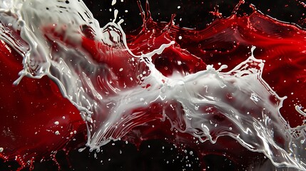 Red and white liquid splash on a dark background.