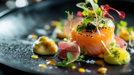 Gourmet Salmon Dish Garnished with Microgreens and Edible Flowers