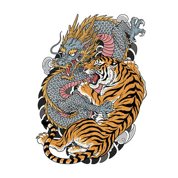 A fierce dragon and tiger locked in an intense struggle, depicted in a dynamic, traditional Asian art style.