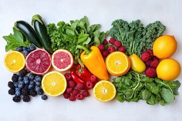 Colorful Assortment of Fresh Fruits and Vegetables on White Background