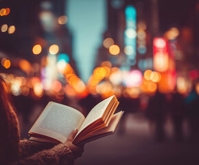 Reading in the heart of the city at dusk, surrounded by vibrant urban lights