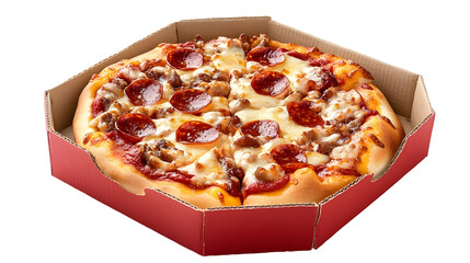 A pizza with pepperoni and cheese is sitting in a red box. The pizza is cut into eight slices
