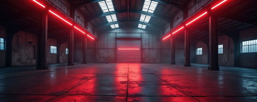 Dark warehouse interior with neon red lighting. Empty hall, modern architecture, industrial design. Wide panoramic view of the large space, garage. Concept of industry, future tech, urban environment. - Powered by Adobe